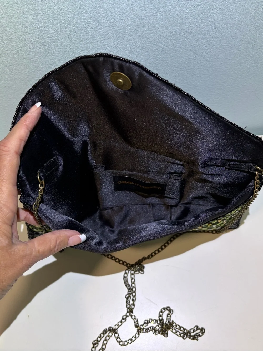 Clements Ribeiro Green Palm Leaf Embroidered Beaded & Sequin Clutch With Chain